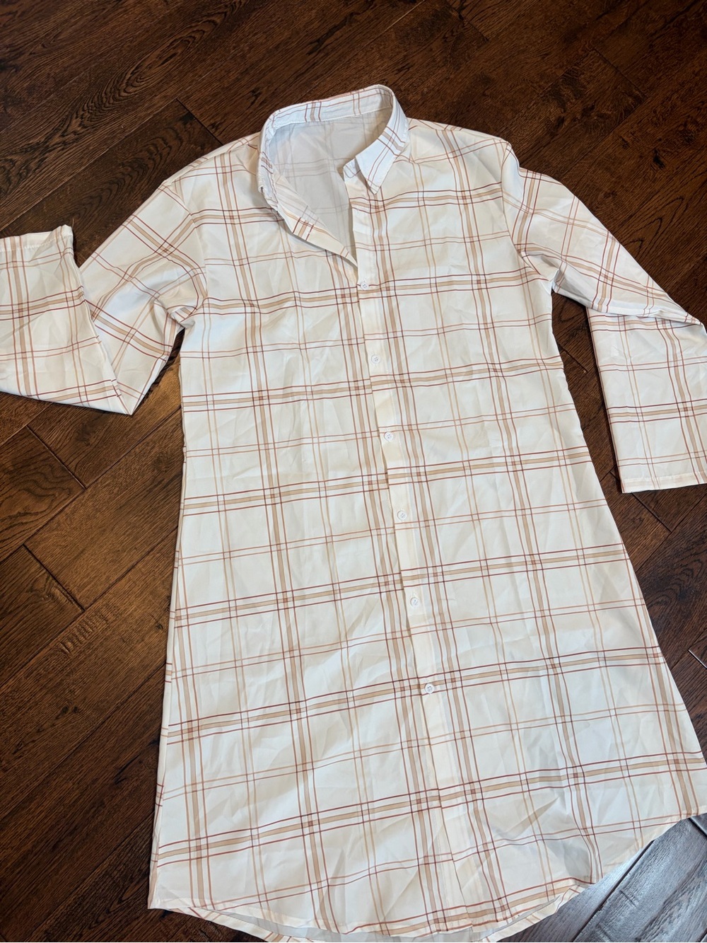 White Button-Up Plaid Shirt Dress with Tan Lines